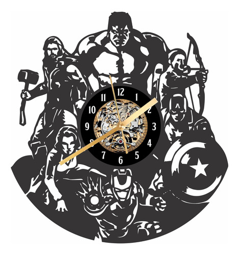 Reloj De Pared Avengers Calado En Madera Deco Negro Blanco