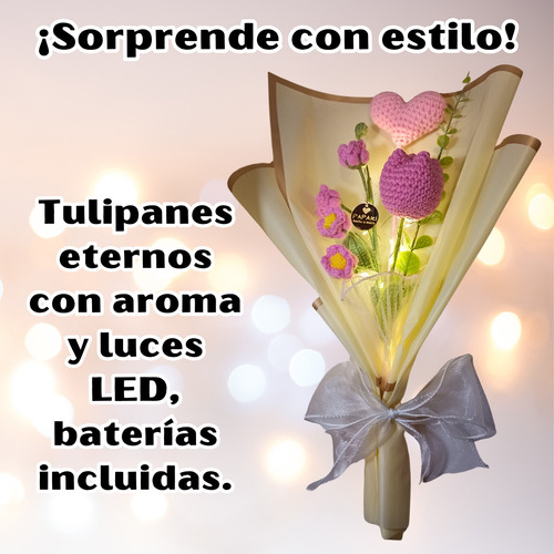 Ramo Flores Tejidas Bouquet Tulipanes Rosas Crochet Luz Led