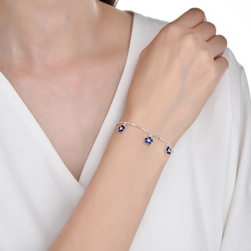 Pulsera Flores Piedritas Plata 925 Mujer Regalo Azul 21 Cm
