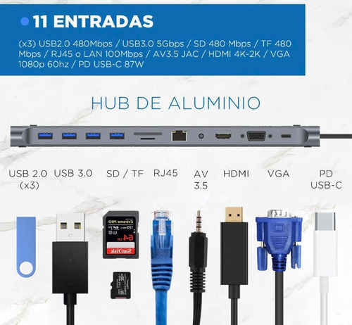 Adaptador Hub 11 En 1 Usb Tipo C Usb-c Hdmi Vga Usb Lan Sd