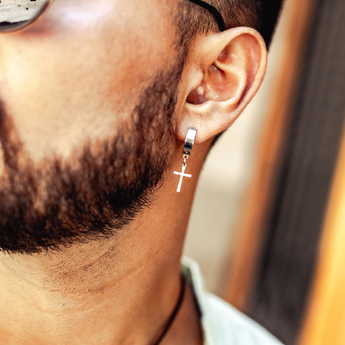 Aros Colgantes Cruz De Acero Inoxidable Set X 2 Unidades
