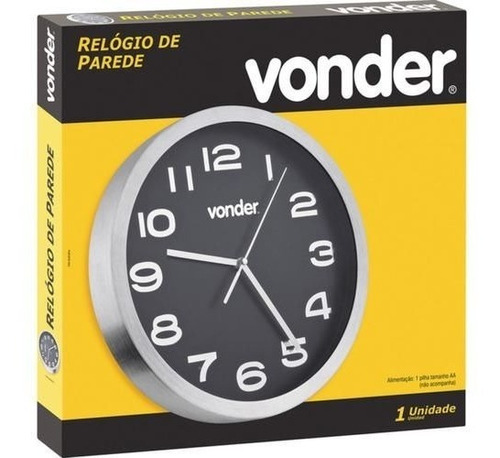 Relógio De Parede Redondo Prata C/ Fundo Preto 36cm Vonder