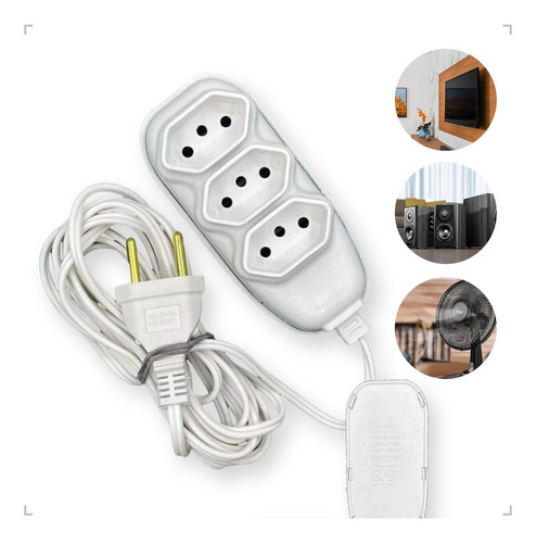 Extensão Elétrica 3 Metros Fio Grosso 3 Tomada 3 Pino Cor Branco