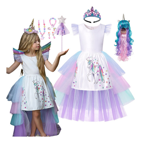 Vestido De Unicornio Con Cola Larga Y Peluca De Alas Para Ni