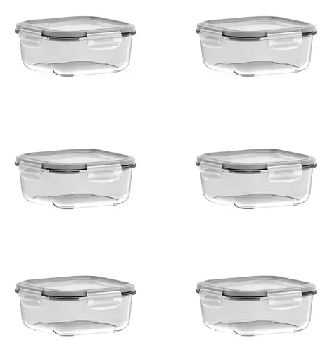 Conjunto De Potes 6 Peças Quadrados 830ml Com Tampa Hermética Cristalino Marinex