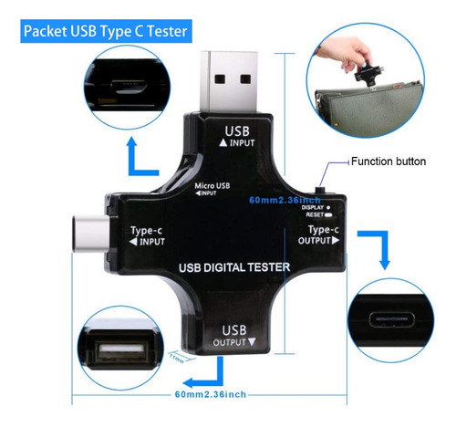 Multímetro Digital Usb Tester Eversame 2 En 1 Tipo C Con Pan