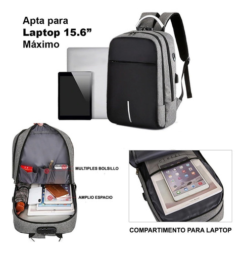 Imagen 7 de 10 de Mochila Urbana Escolar Porta Notebook Unisex Con Puerto Usb