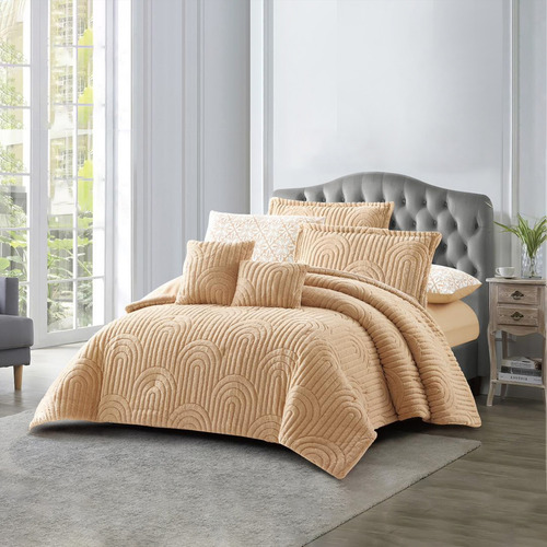 Edredón 7 Pzs Elena Flannel Queen Size 240 X 220 Color Caqui Diseño De La Tela Ondas
