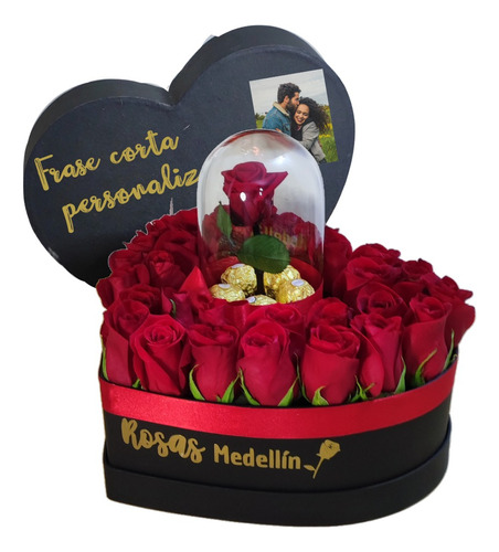 Corazón Con Rosas Tradicionales Y Rosa Preservada - Mediano
