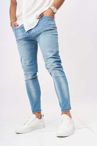 Jeans Hombre Sin Rotura Chupin Celeste Elastizado Brom Bond