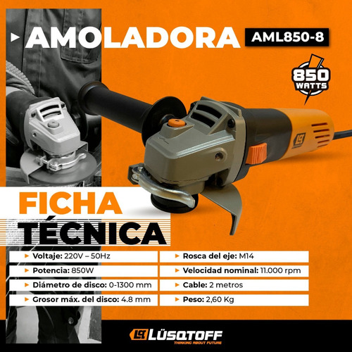Imagen 2 de 4 de Amoladora Angular 115mm Lusqtoff Aml850-8 220v De Mano
