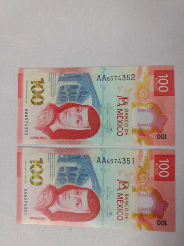 2 Billetes De 100 Pesos Numeración Continua Aa 51/52nuevos