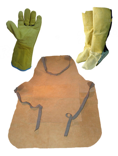 Kit De Soldar Combo Delantal Cuero Liso Guantes Y Polainas