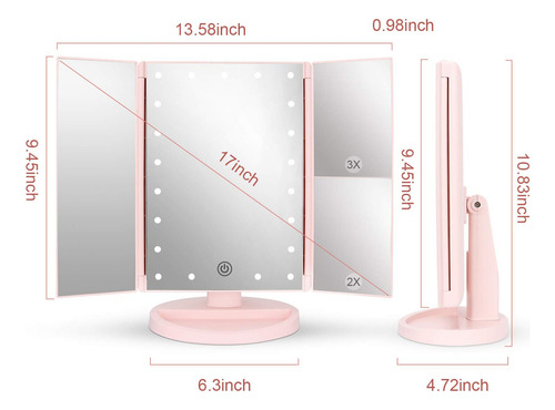 Deweisn Espejo De Tocador Con Tres Pliegues Con 21 Luces Led, Pantalla Táctil Y Aumento 3x/2x/1x, Dos Modos De Fuente De Alimentación, Espejo De Maquillaje De Viaje, Espejo De Viaje