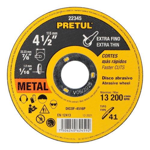 Disco Tipo 41 Para Corte Fino De Metal 4-1/2 , 1.6 Mm 22345