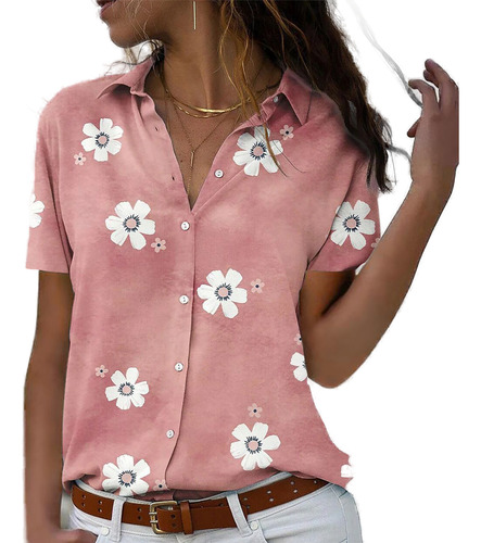 Blusa Casual Floreada De Moda Con Botones Para Mujer