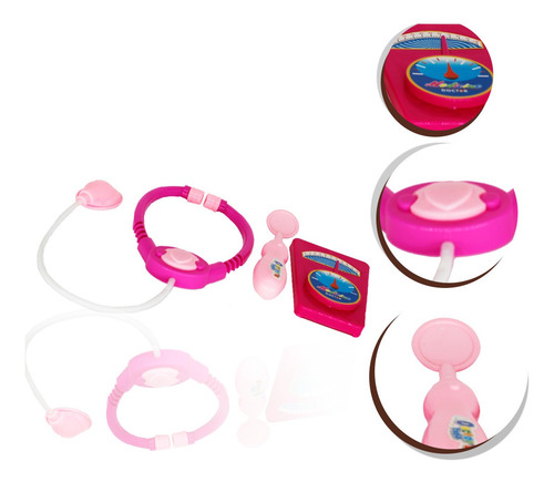Imagem 1 de 7 de Kit Medico Brinquedo Rosa 3pçs Estetoscópio Colher Balança