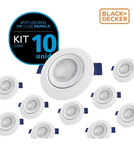 Kit Com 10 Spot Led Eco 3w 6500k Branca Redondo Black+decker