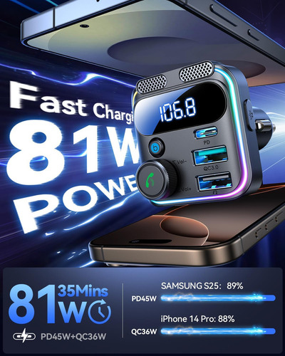 Transmisor FM Bluetooth 5.3 para Auto con Adaptador Bluetooth PD 48W - Carga Ultra Rápida QC3.0, Micrófonos Dobles con Reducción de Ruido, Salida AUX HiFi Estéreo