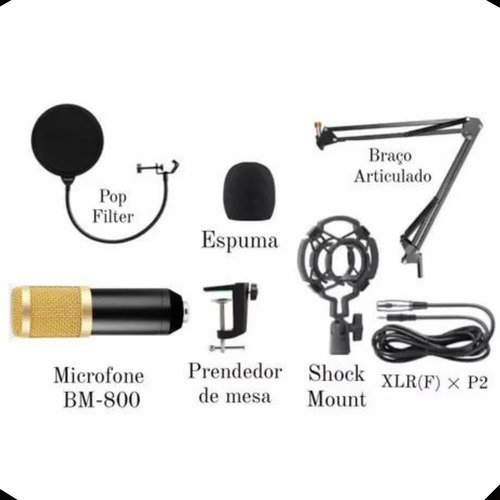 Kit Microfone ManoThor Condensador Bm800 Profissional Padrão Polar Unidirecional Suporte anti-choque Cabo XLR Fêmea X P2 Pop Filter Braço Articulado Prendedor Espuma Proteção Gravação Podcast