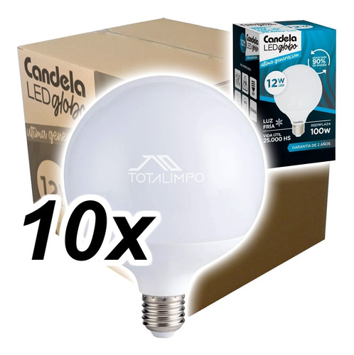 10 Lámparas Led Globo 12w (100w) Luz Fría Candela 6800