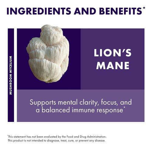Host Defense Mushrooms Lion's Mane 1g 60 Cápsulas Suplemento Dietético Memoria y Enfoque, Salud Nerviosa y Bienestar General