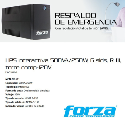Ups Forza Nt-511 Interactiva 500va-250w 6 Salida