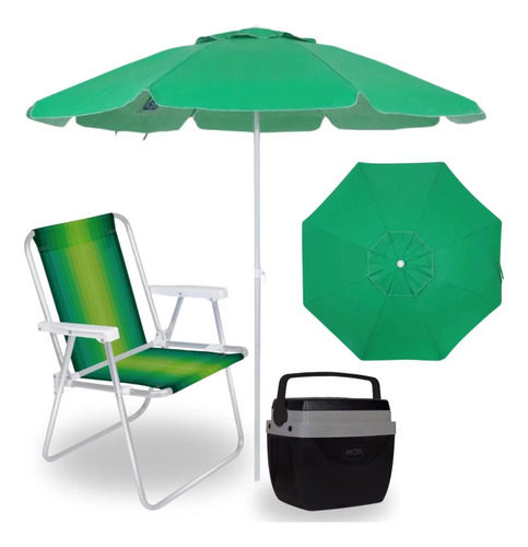 Cooler 12 L Preto + Cadeira De Praia Aluminio + Guarda Sol