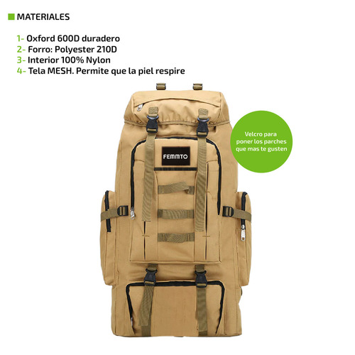 Imagen 6 de 9 de Mochila Tactica Camping 70-100 Lts Mochilero Ampliable Color Caqui