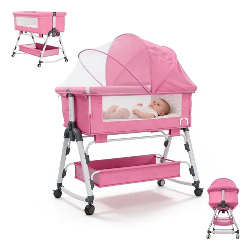 Cuna Moisés Corral Para Bebé Portátil Con Mosquitero Color Rosa
