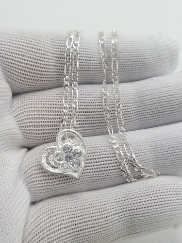 Plata Dije Corazón Con Flor Medalla Y Cadena Collar + Color Plateado