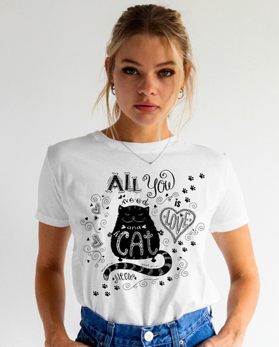  Remera Clásica Recta Blanca Dama, Love Cats, Amor Gatitos