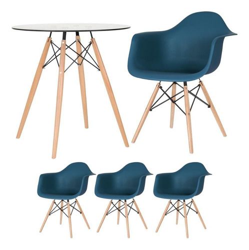 Mesa Eames 70cm + 3 Cadeiras Eiffel Daw Azul Petróleo