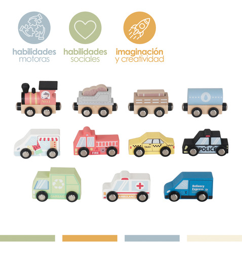 Set Autos De Juguete Tren Pista Y Señaleticas Madera Bandú Multicolor
