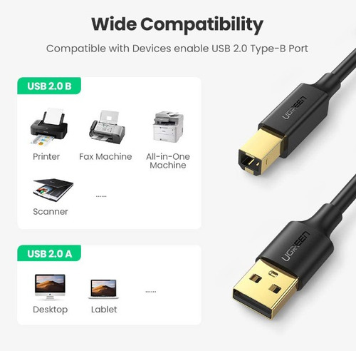 Cable de impresora Ugreen USB 2.0 Am para Bm, 5 metros, color negro