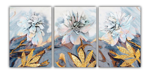 Cuadro Lienzo Canvas 20x30cm Flores Blanco Dorado Oleo 3pz