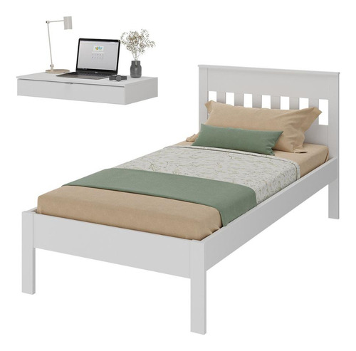 Cama de Solteiro para Colchão 88 x 188 cm com Penteadeira 90cm Suspensa Multimóveis CR35248 Cor Branco