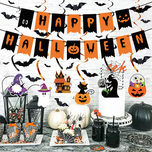 Kit Decoracion Para Halloween Banner Figuras 3d Mantel 27pz