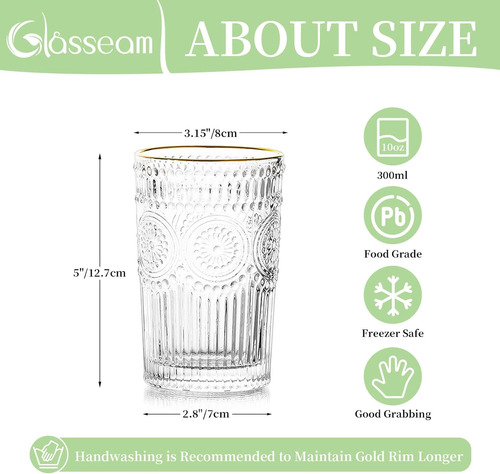 Juego De 2 Vasos De Agua De Cristal, Con Borde Dorado De 12