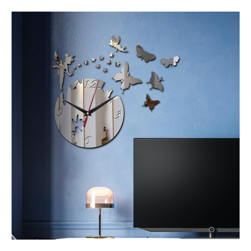 Reloj De Pared Con Espejo Mariposas Plateado Pegatinas Pared