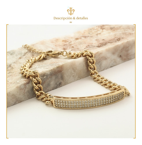 Pulsera Placa Unisex Cubana Swarovski Oro Laminado Moderna
