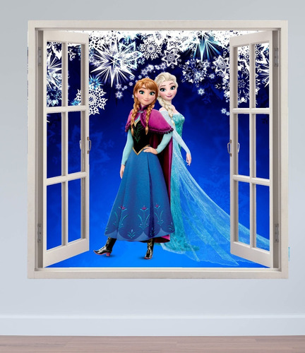 Vinilo Pared Simulación Ventana Frozen Ana Elsa 80x80