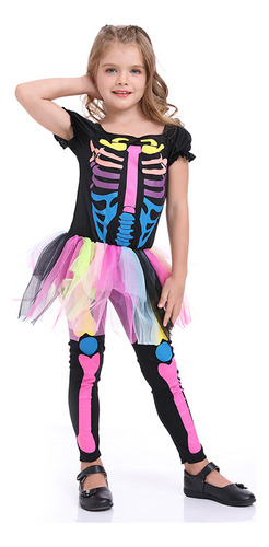 Halloween Niños Lindo Colorido Cráneo Mono Punk Chica Falda Corta Disfraz