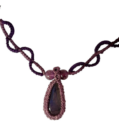 Collar Labradorita Diseño Macramé Tejido A Mano Artesanal Violeta