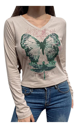 Camiseta Informal Para Mujer Estampada Cuello V Color Blusa