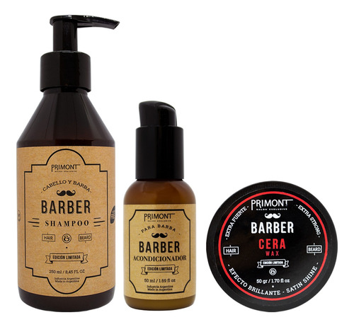 Kit Primont Barber Shampoo + Cera Brillo Pelo+ Balsamo Barba