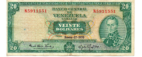 Billete 20 Bolivares 1970 Venezuela De Coleccion 