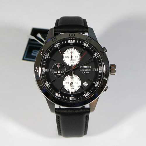 Reloj Hombre Cronografo Seiko Sks649 43mm Malla Cuero 100m Color de la malla Negro Color del bisel Plateado Color del fondo Negro