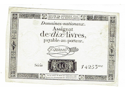 Billete De Francia, 10 Libras, 1792.  Jp