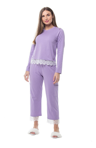 Pijama Lilás Super Confort Manga Longa Calça Pantacourt